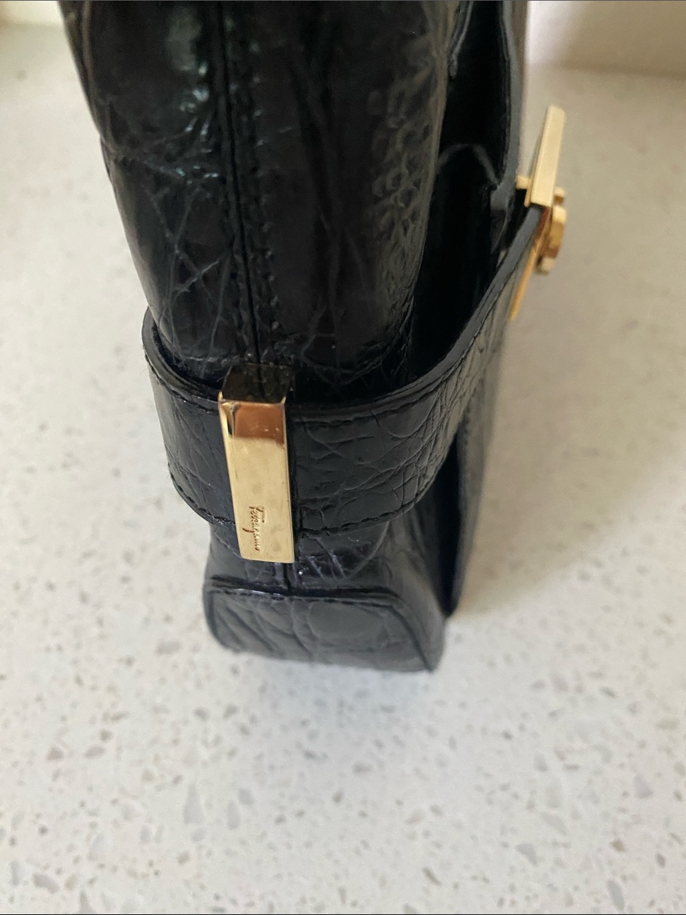 Salvatore Ferragamo Black Croc-Embossed Shoulder Bag with Gold Hardware - Picture 12 of 16